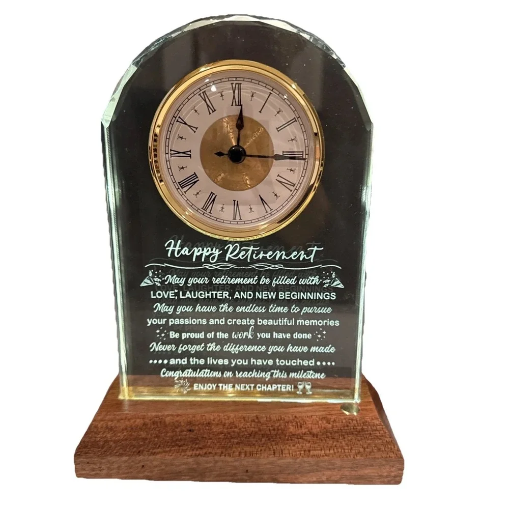 NIB Glass Retirement Clock with Wooden‎ Light Base - Happy Retirement Plaque